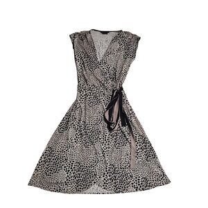BCBGMAXAZRIA Womens M Faux Wrap Dress Black Tan Abstract Petal Print Sleeveless